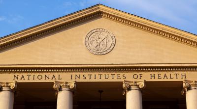 NIH building Exterior view of the main historic building (Building 1) of National Institutes of Health (NIH) at its Bethesda campus.